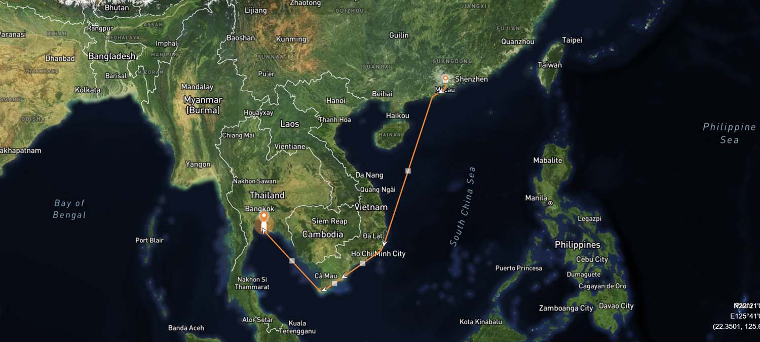 Sea shipping route from Dongguan Port to Laem Chabang Port