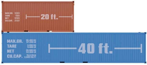 Side-by-side visual comparison of 20-foot and 40-foot container sizes with dimension markings.