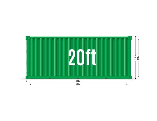 Illustration of a 20ft container with detailed dimensions, useful for calculating shipping volume to India.
