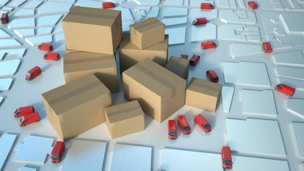 Illustration of oversized cardboard boxes and red delivery trucks representing logistics and shipment congestion related to demurrage.