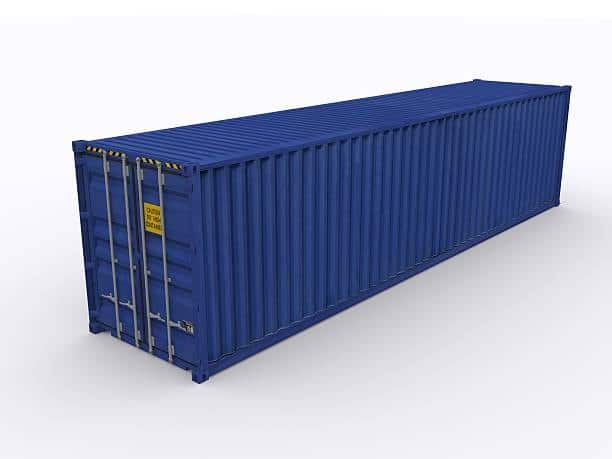 Closed 40ft blue container used for international freight shipping from China to USA.