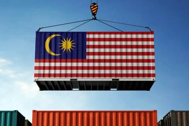 A shipping container adorned with the Malaysian flag being hoisted by a crane, illustrating Malaysia's role in international commerce.