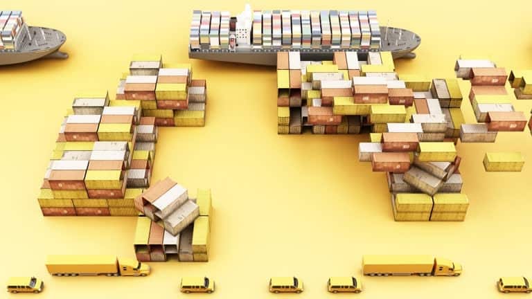 A conceptual illustration depicting cargo ships, stacked containers, and trucks representing complexities in supply chain logistics leading to detention and demurrage charges