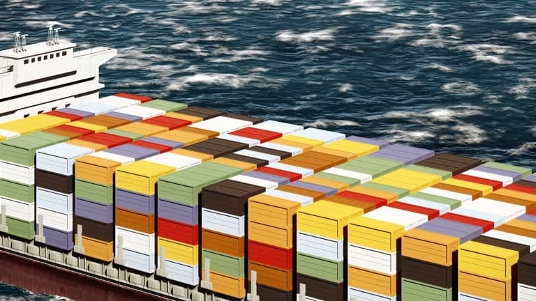Illustration of a fully loaded cargo ship with colorful containers at sea, representing maritime logistics and potential demurrage costs from port delays.
