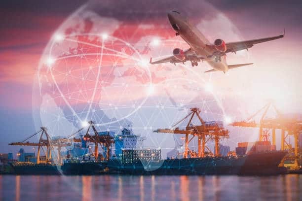 Concept image showing cargo ships and an airplane with a digital world map overlay, representing China’s role in global logistics and international shipping timelines.