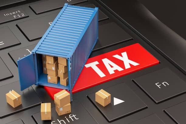 3D illustration of a shipping container and parcels on a keyboard with a red TAX key, symbolizing import tax obligations when bringing goods from China.