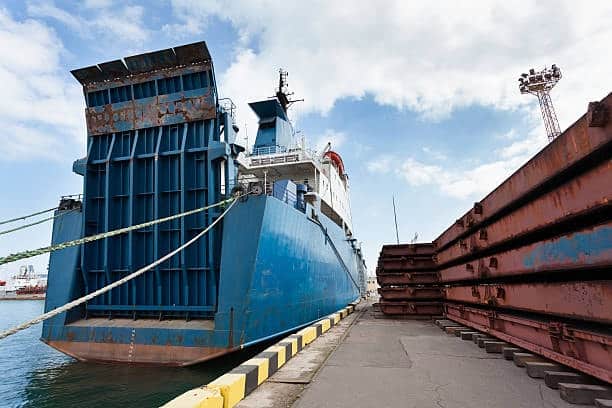 Roll-on/roll-off (RoRo) ship prepared for loading heavy machinery or oversized cargo.