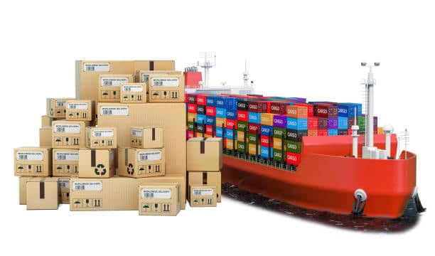 Conceptual image of stacked heavy packages and a container ship used in freight transport.