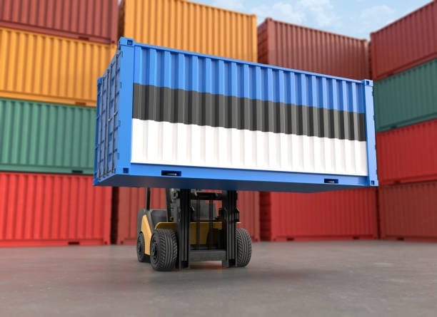 Forklift transporting a blue container in front of colorful stacks, highlighting container handling in port-to-door delivery services.
