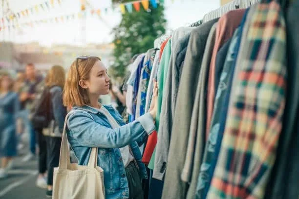Young woman browsing through clothes at an outdoor market stall, reflecting consumer trends and preferences in casual wear.