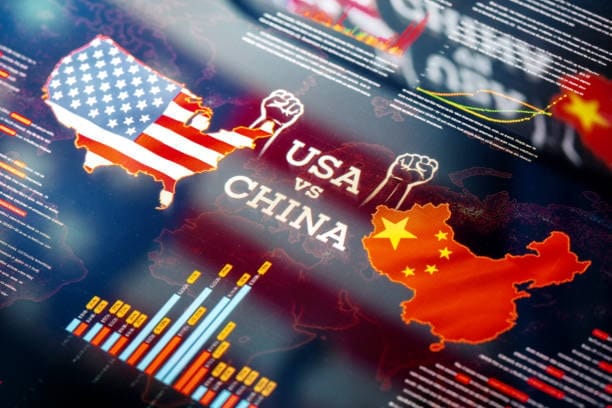 Illustrated data comparison of China vs USA trade, showing key statistics related to customs, imports, and exports.