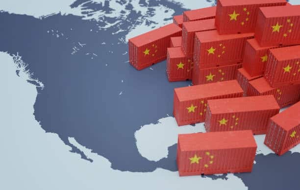 Map of North America with numerous Chinese containers indicating high-volume imports and associated customs fees from China to the US.
