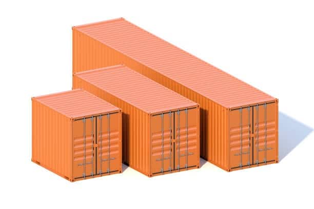 Three orange shipping containers showing size differences between 10-foot, 20-foot, and 40-foot units.