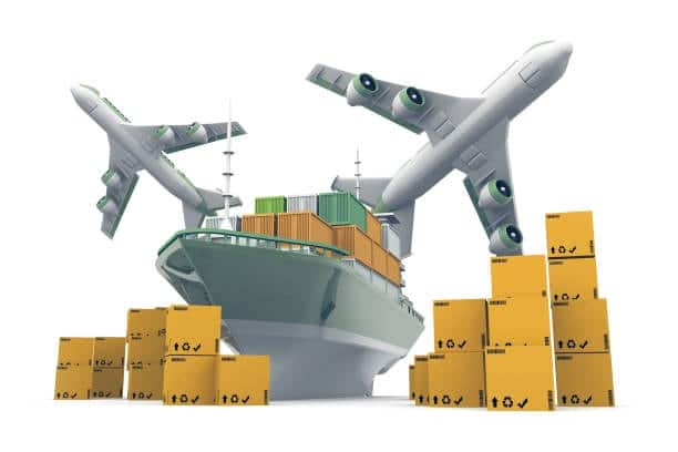 Illustration featuring a cargo ship loaded with containers, airplanes, and stacked boxes, representing global shipping logistics and highlighting challenges like detention and demurrage.