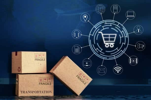 Cardboard boxes and ecommerce icons showing international parcel and container shipping.
