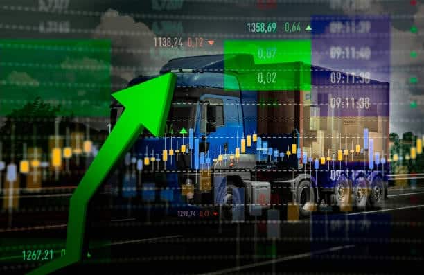 Truck transport overlaid with economy shipping growth and logistics trend chart.