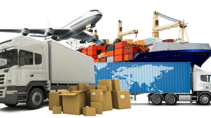 Illustration of global freight logistics including trucks, cargo ship, airplane, and containers representing international shipping and customs duty clearance processes.