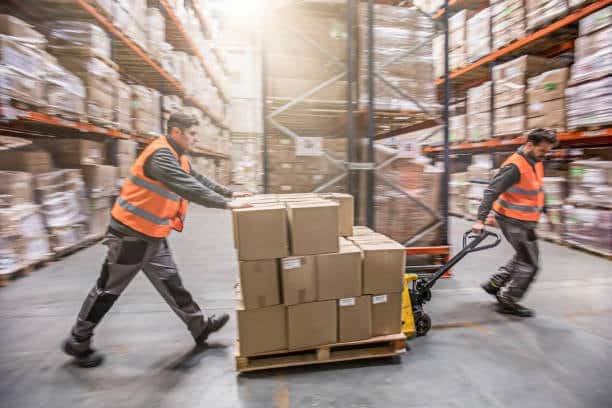 Warehouse workers expediting shipment preparation for deliveries from Canada to the US.