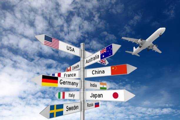 International signpost with China and USA among global trade destinations, representing shipping routes and customs processes.