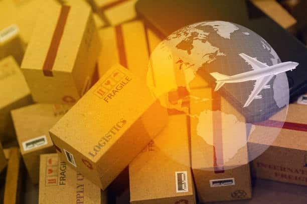 Logistics concept with parcels and airplane representing global container shipping.
