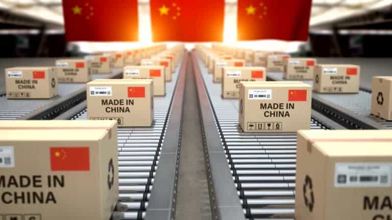 Boxes labeled 'Made in China' on a conveyor belt symbolizing exports to the USA subject to customs and import fees.