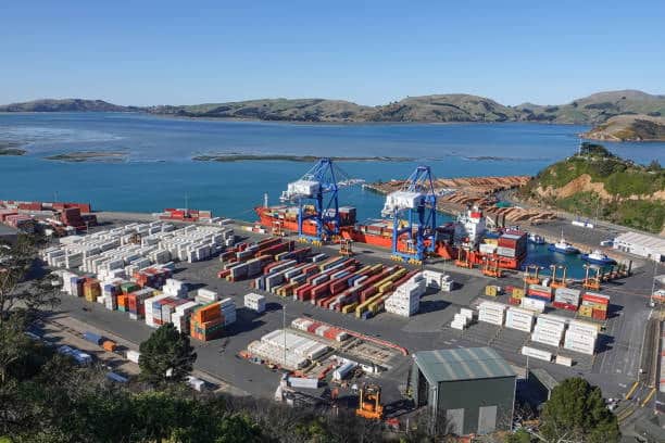 Modern container port in New Zealand handling incoming international freight.