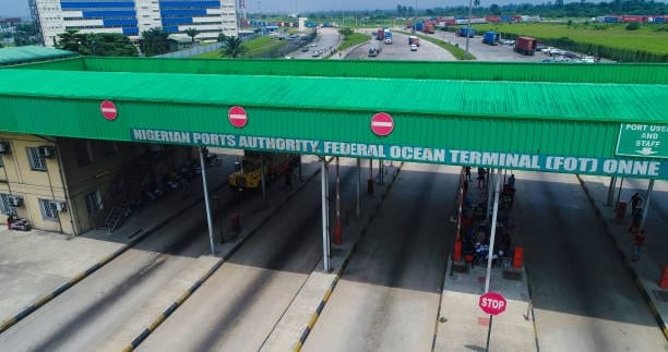 Entrance gate of Nigerian Ports Authority at Federal Ocean Terminal for customs operations.