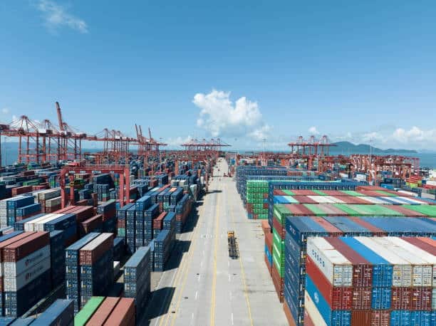 Organized container terminal showcasing logistics efficiency for SF Express international shipments.