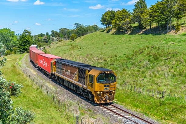 Freight train transporting cargo containers through the scenic New Zealand countryside.
