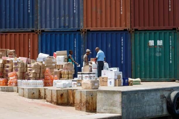 Customs officers inspecting imported goods near shipping containers.