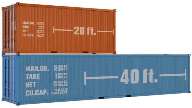 20-foot and 40-foot containers stacked together for shipping volume comparison.