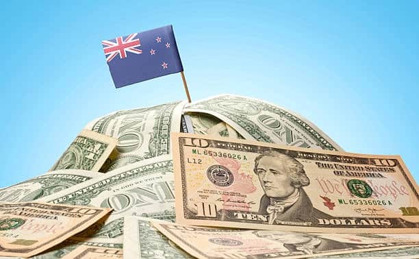 US dollars with New Zealand flag symbolizing international shipping costs.