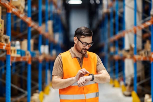Warehouse worker checking schedule for outgoing shipments from Canada to the US.