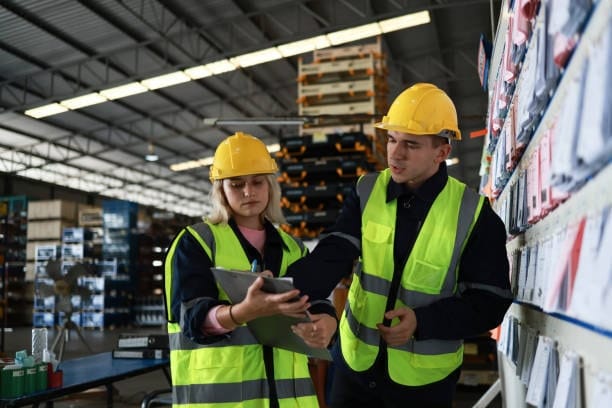 Warehouse staff inspecting shipment documents for deliveries from Canada to the United States.
