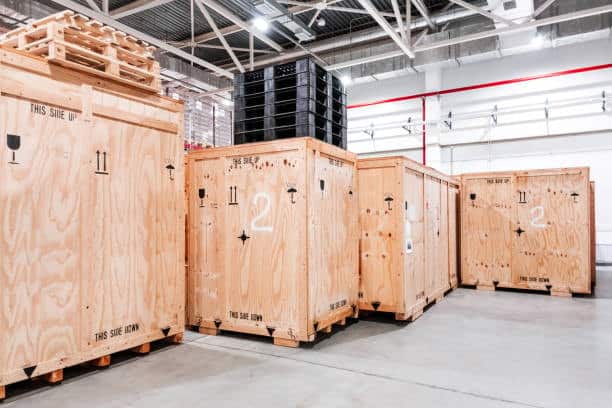 Heavy-duty wooden crates prepared for big box shipping and export logistics.