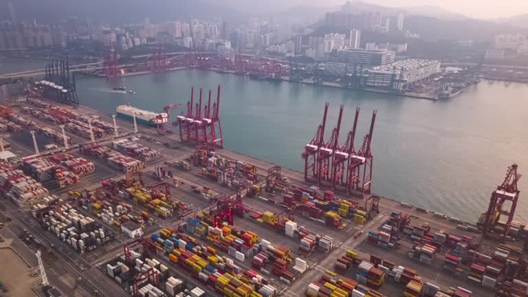 Aerial view of busy international cargo port handling export shipments