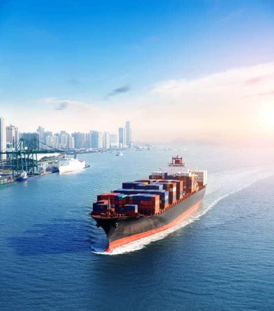 Container ship arriving at city port for customs clearance and shipping documentation
