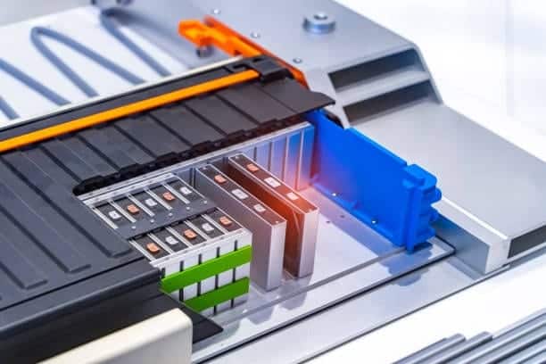 Close-up view of EV lithium-ion battery modules for shipment