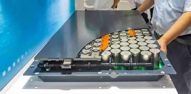 Electric vehicle lithium-ion battery module displayed for shipment