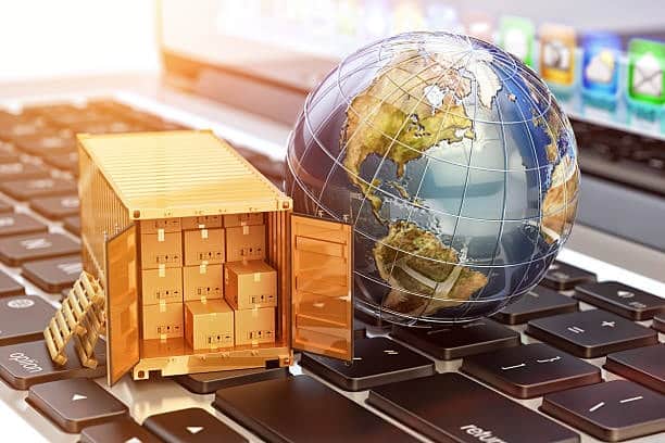 Global logistics and shipping concept with container and Earth globe model