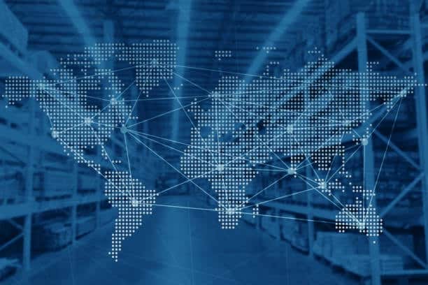 International warehouse distribution network connected through global shipping documents