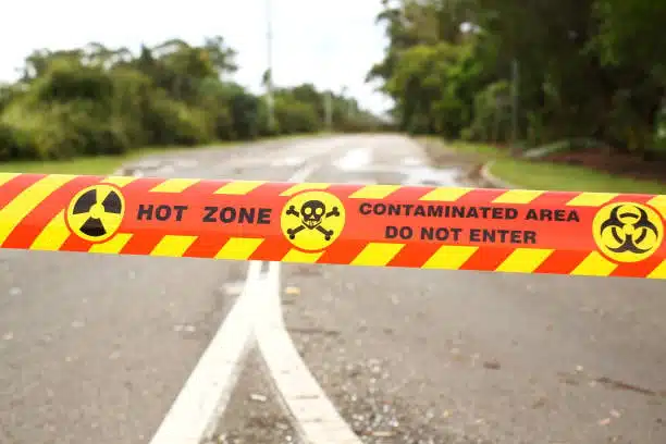 Hot zone contaminated area warning for hazardous materials handling
