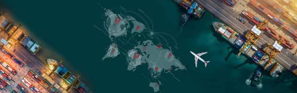 Worldwide shipping network showing sea, land, and air freight connections