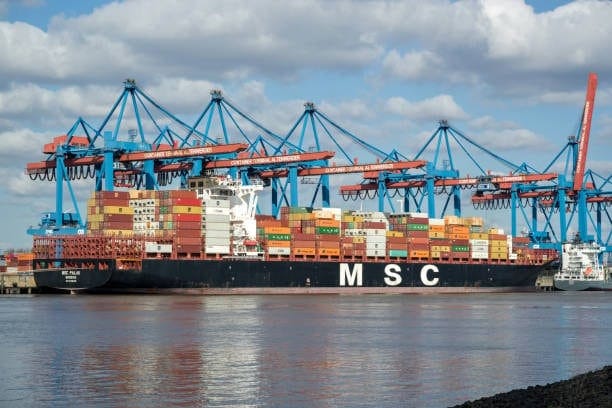 MSC cargo ship loaded with containers showing TEU shipping capacity