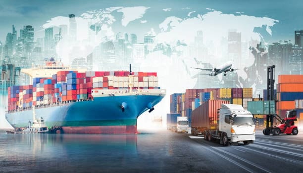 Multimodal freight logistics featuring ship, truck, and airplane for international deliveries